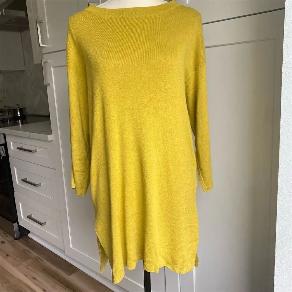 Eileen Fisher Organic Cotton Silk XS Knit Tunic Top 3/4 Sleeve Blouse Oversized